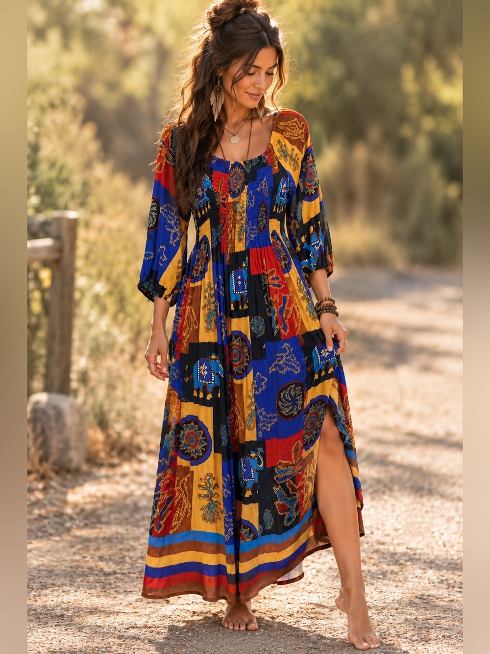 Patchwork Print Maxi Dress Boho Hippie One Size. Artsy